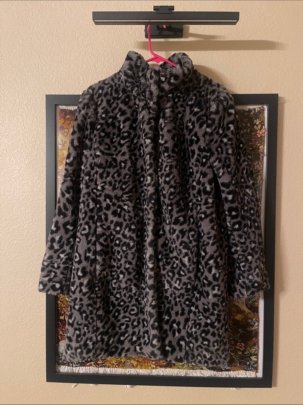 Faux Fur Leopard Print Coat - Black & Gray
